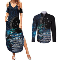 New Zealand Tui Bird Couples Matching Summer Maxi Dress and Long Sleeve Button Shirt Matariki Poetry Pattern Galaxy Style LT03 Blue - Polynesian Pride