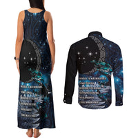 New Zealand Tui Bird Couples Matching Tank Maxi Dress and Long Sleeve Button Shirt Matariki Poetry Pattern Galaxy Style LT03 - Polynesian Pride