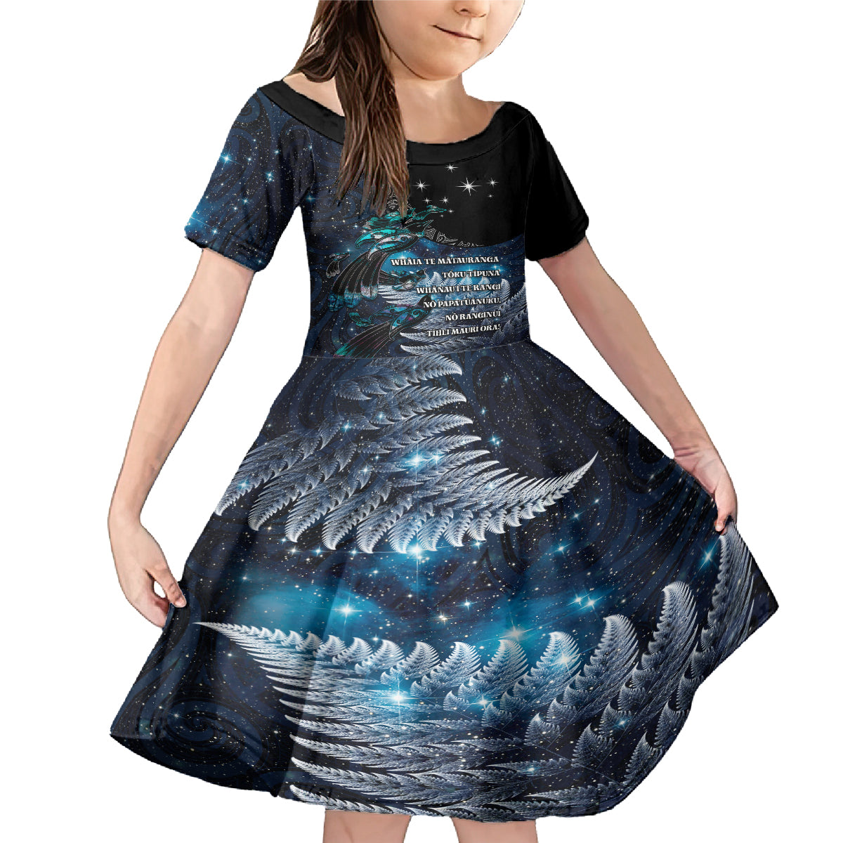 New Zealand Tui Bird Family Matching Mermaid Dress and Hawaiian Shirt Matariki Poetry Pattern Galaxy Style LT03 Daughter's Dress Blue - Polynesian Pride