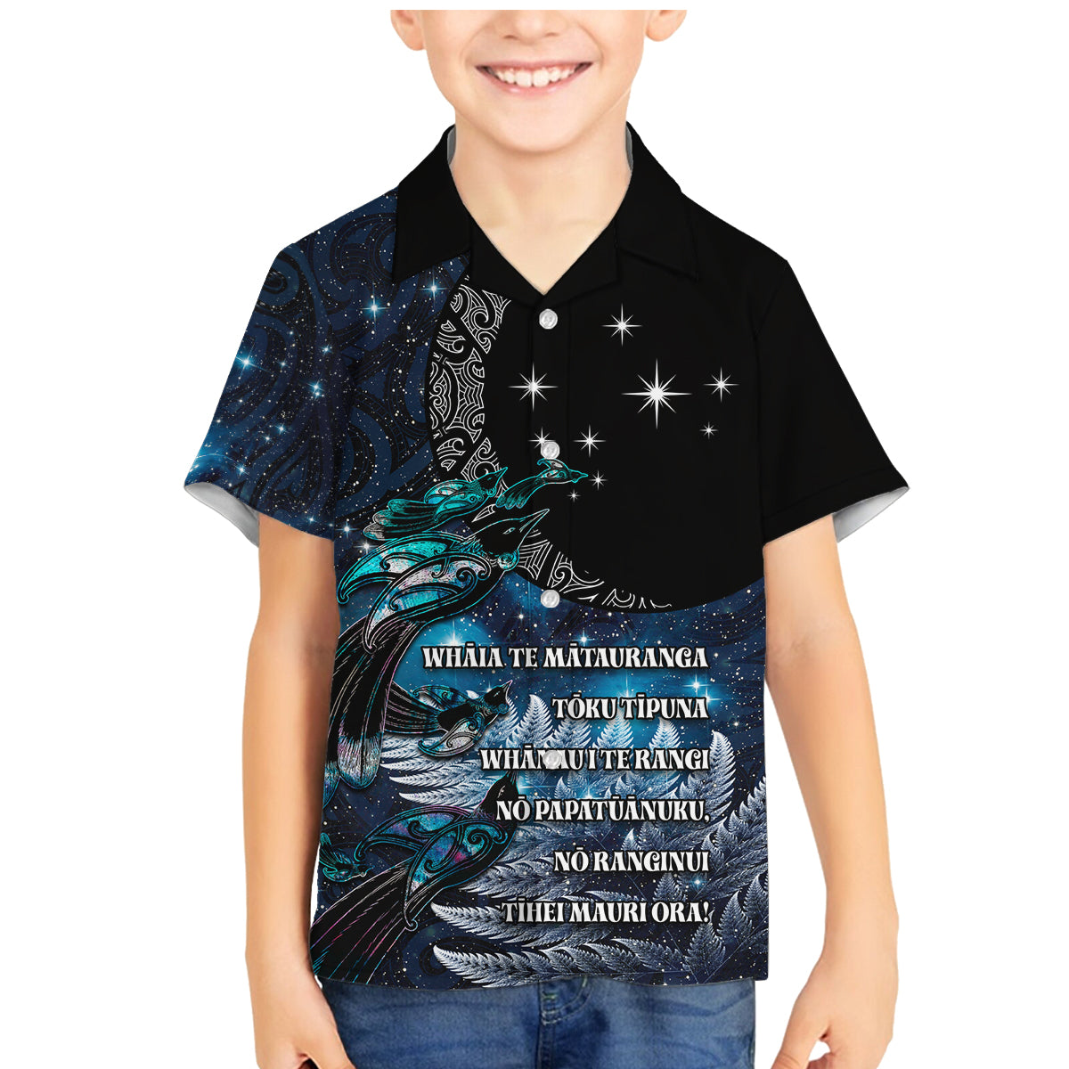 New Zealand Tui Bird Family Matching Mermaid Dress and Hawaiian Shirt Matariki Poetry Pattern Galaxy Style LT03 Son's Shirt Blue - Polynesian Pride