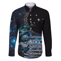 New Zealand Tui Bird Family Matching Off Shoulder Maxi Dress and Hawaiian Shirt Matariki Poetry Pattern Galaxy Style LT03 Dad's Shirt - Long Sleeve Blue - Polynesian Pride