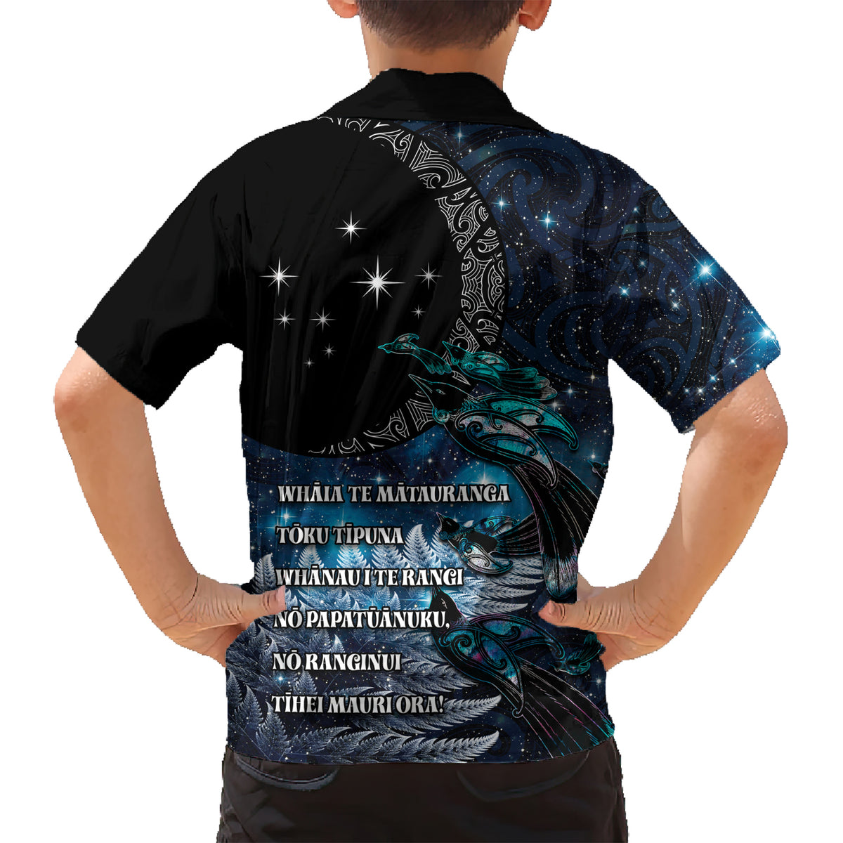 New Zealand Tui Bird Family Matching Short Sleeve Bodycon Dress and Hawaiian Shirt Matariki Poetry Pattern Galaxy Style LT03 - Polynesian Pride