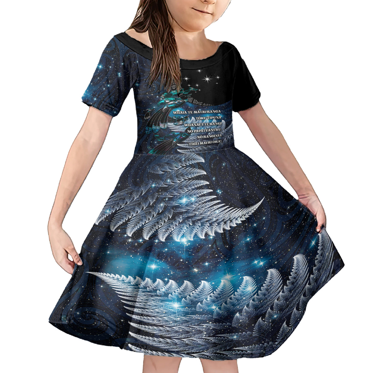 New Zealand Tui Bird Family Matching Short Sleeve Bodycon Dress and Hawaiian Shirt Matariki Poetry Pattern Galaxy Style LT03 Daughter's Dress Blue - Polynesian Pride