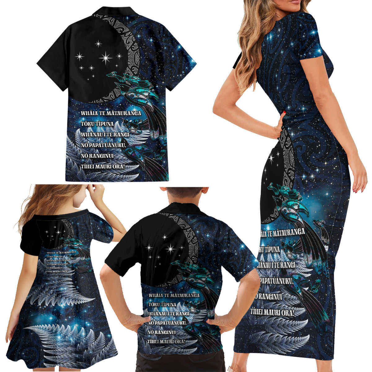 New Zealand Tui Bird Family Matching Short Sleeve Bodycon Dress and Hawaiian Shirt Matariki Poetry Pattern Galaxy Style LT03 - Polynesian Pride