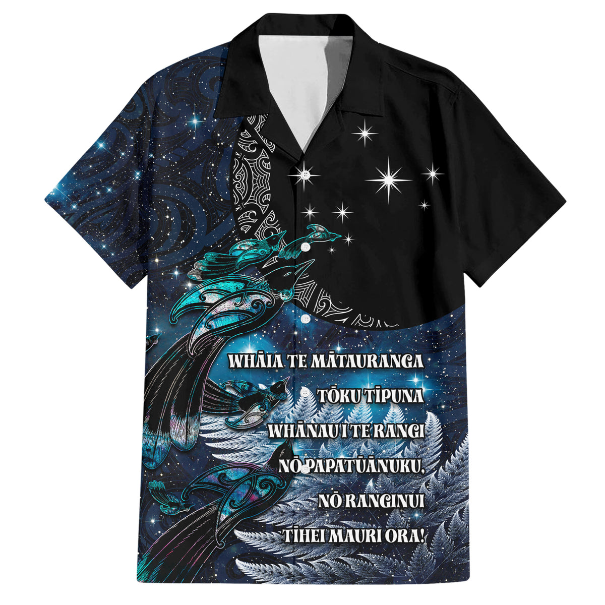 New Zealand Tui Bird Family Matching Short Sleeve Bodycon Dress and Hawaiian Shirt Matariki Poetry Pattern Galaxy Style LT03 Dad's Shirt - Short Sleeve Blue - Polynesian Pride