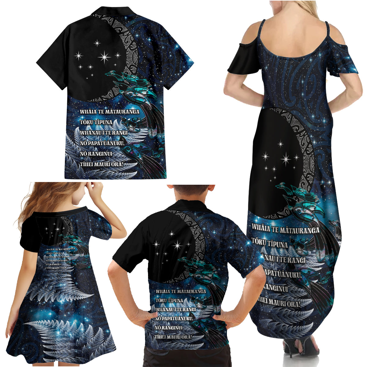 New Zealand Tui Bird Family Matching Summer Maxi Dress and Hawaiian Shirt Matariki Poetry Pattern Galaxy Style LT03 - Polynesian Pride