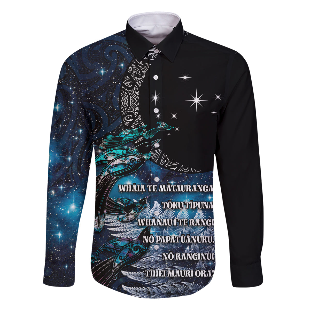 New Zealand Tui Bird Family Matching Summer Maxi Dress and Hawaiian Shirt Matariki Poetry Pattern Galaxy Style LT03 Dad's Shirt - Long Sleeve Blue - Polynesian Pride