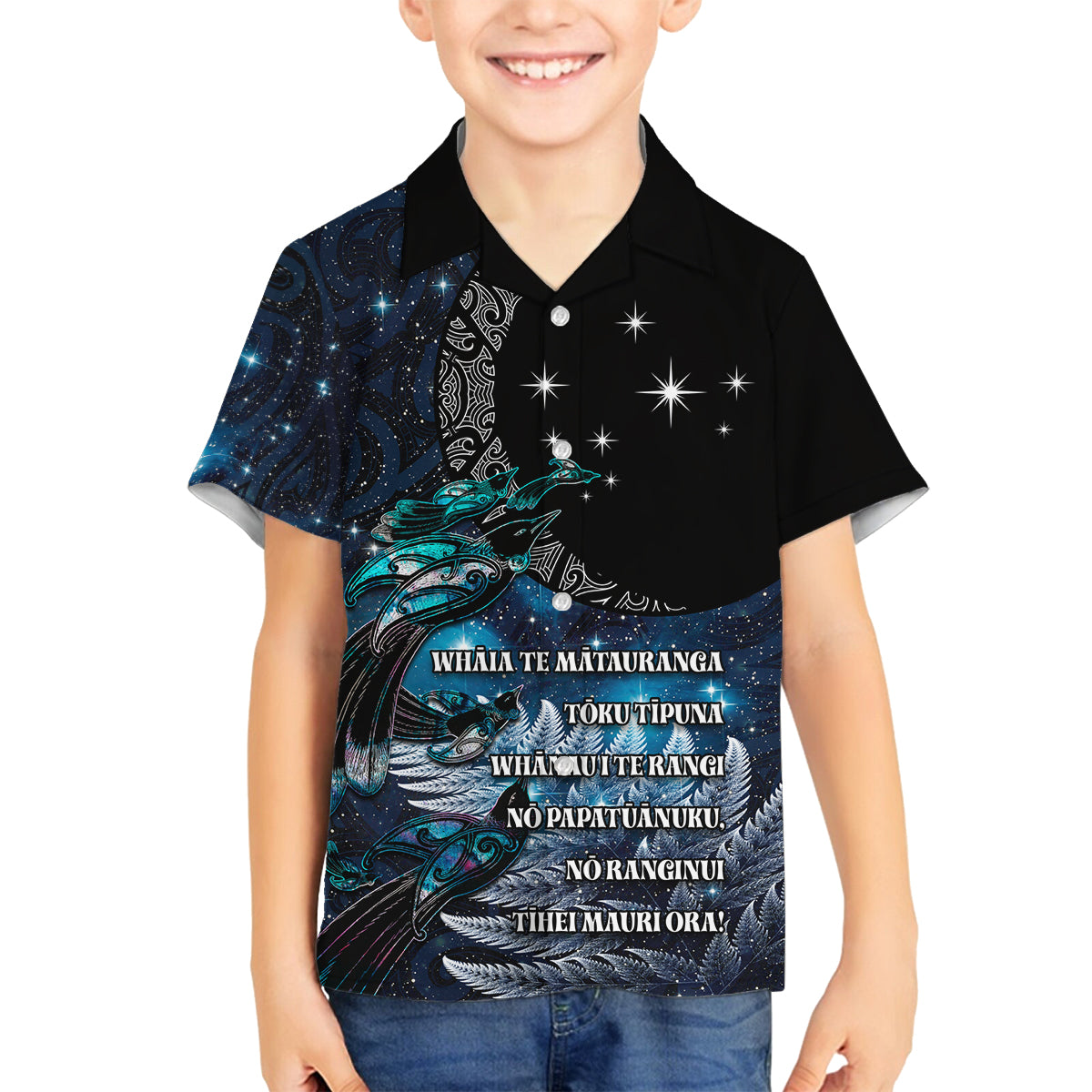 New Zealand Tui Bird Family Matching Tank Maxi Dress and Hawaiian Shirt Matariki Poetry Pattern Galaxy Style LT03 Son's Shirt Blue - Polynesian Pride