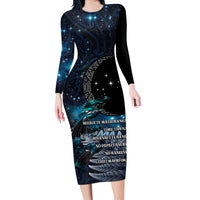 New Zealand Tui Bird Long Sleeve Bodycon Dress Matariki Poetry Pattern Galaxy Style LT03 Long Dress Blue - Polynesian Pride