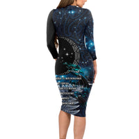 New Zealand Tui Bird Long Sleeve Bodycon Dress Matariki Poetry Pattern Galaxy Style LT03 - Polynesian Pride