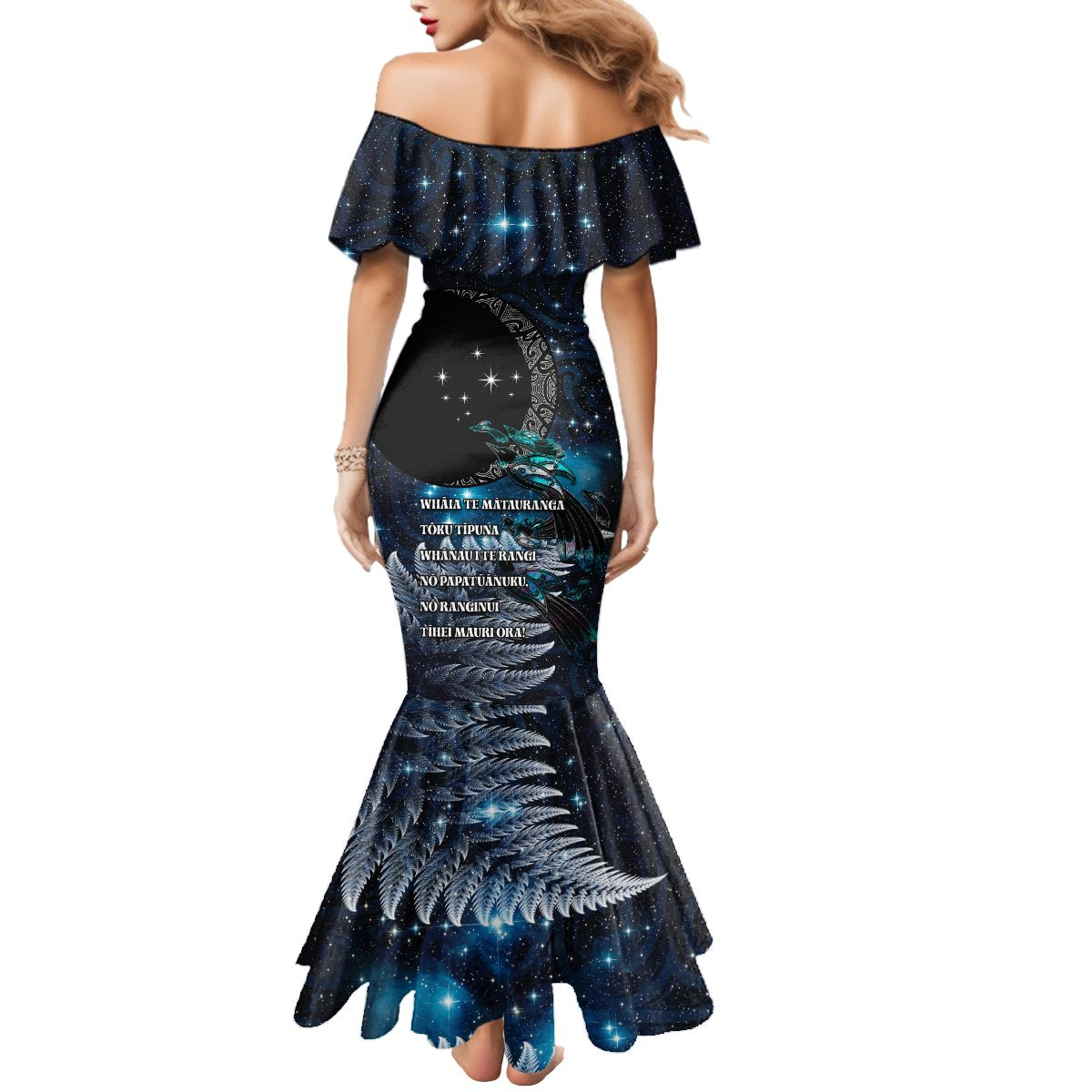 New Zealand Tui Bird Mermaid Dress Matariki Poetry Pattern Galaxy Style