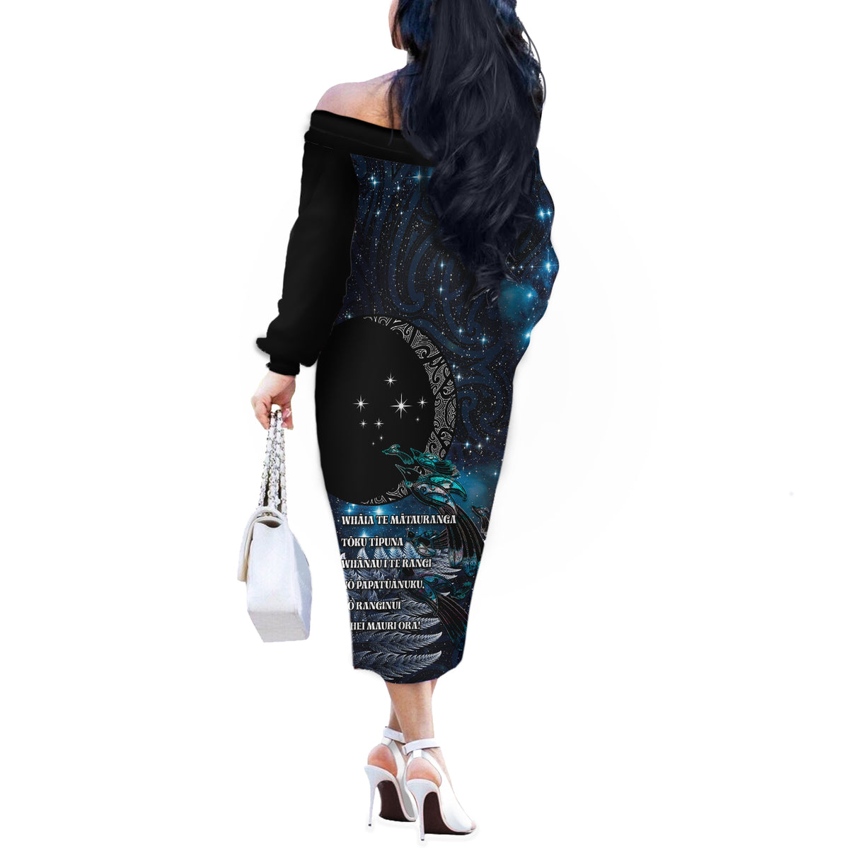 New Zealand Tui Bird Off The Shoulder Long Sleeve Dress Matariki Poetry Pattern Galaxy Style LT03 - Polynesian Pride