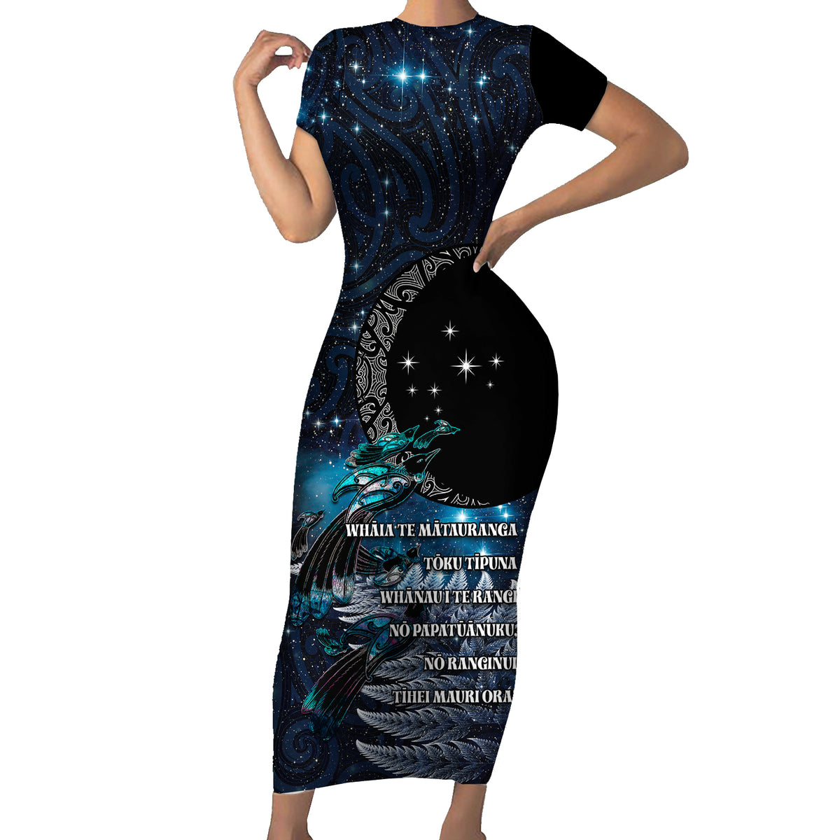 New Zealand Tui Bird Short Sleeve Bodycon Dress Matariki Poetry Pattern Galaxy Style LT03 Long Dress Blue - Polynesian Pride