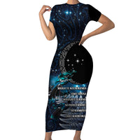 New Zealand Tui Bird Short Sleeve Bodycon Dress Matariki Poetry Pattern Galaxy Style LT03 Long Dress Blue - Polynesian Pride