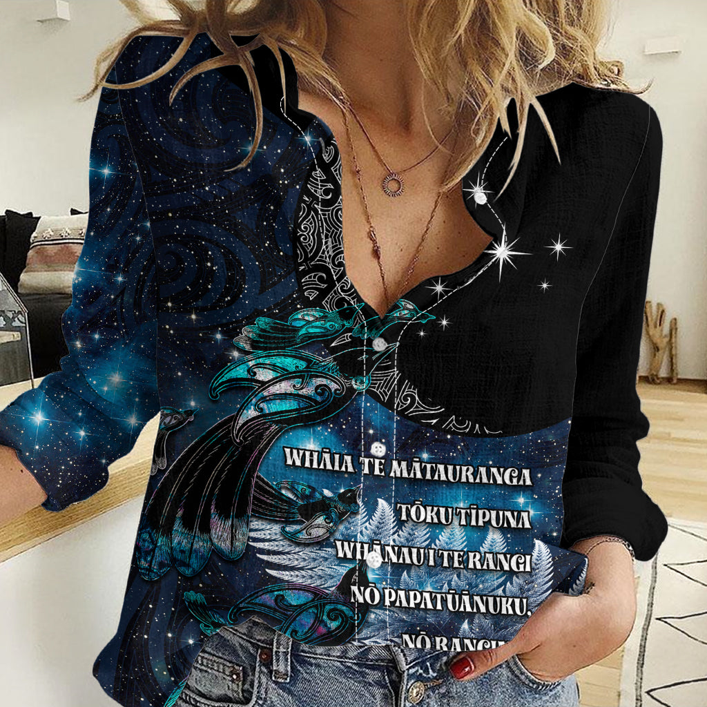 New Zealand Tui Bird Women Casual Shirt Matariki Poetry Pattern Galaxy Style LT03 Female Blue - Polynesian Pride