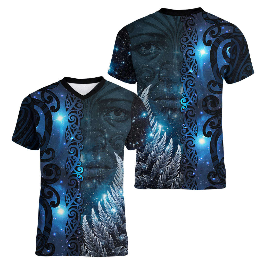 New Zealand Matariki Women V-Neck T-Shirt The Tribal Maori Face and Silver Fern