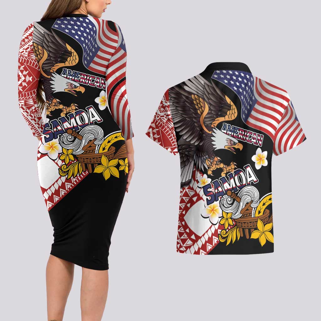 United States and American Samoa Together Couples Matching Long Sleeve Bodycon Dress and Hawaiian Shirt Bald Eagle and Polynesian Traditional Culture with Plumeria