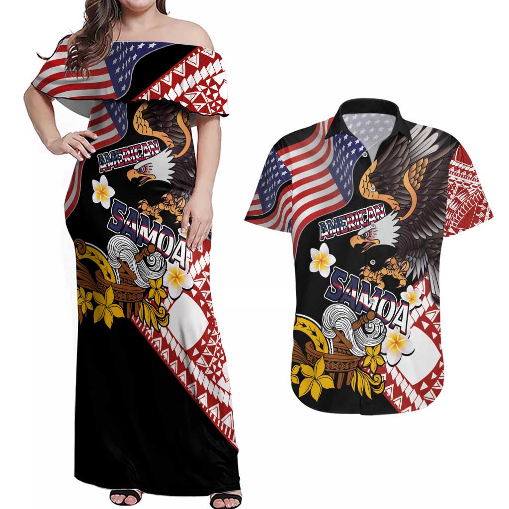 United States and American Samoa Together Couples Matching Off Shoulder Maxi Dress and Hawaiian Shirt Bald Eagle and Polynesian Traditional Culture with Plumeria