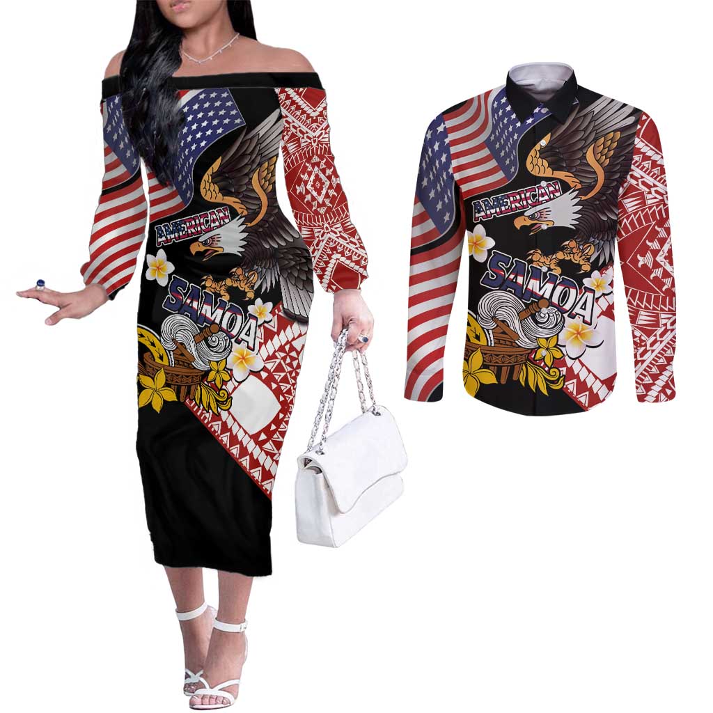 United States and American Samoa Together Couples Matching Off The Shoulder Long Sleeve Dress and Long Sleeve Button Shirt Bald Eagle and Polynesian Traditional Culture with Plumeria