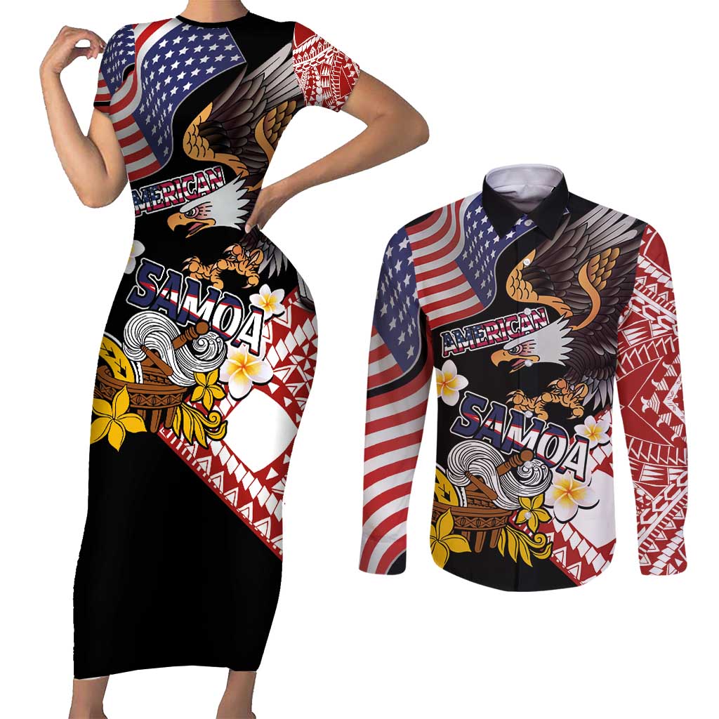 United States and American Samoa Together Couples Matching Short Sleeve Bodycon Dress and Long Sleeve Button Shirt Bald Eagle and Polynesian Traditional Culture with Plumeria