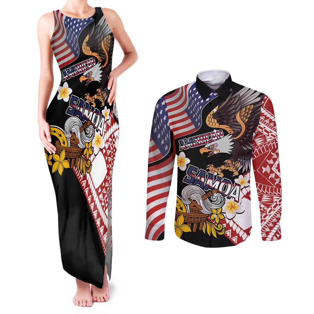 United States and American Samoa Together Couples Matching Tank Maxi Dress and Long Sleeve Button Shirt Bald Eagle and Polynesian Traditional Culture with Plumeria