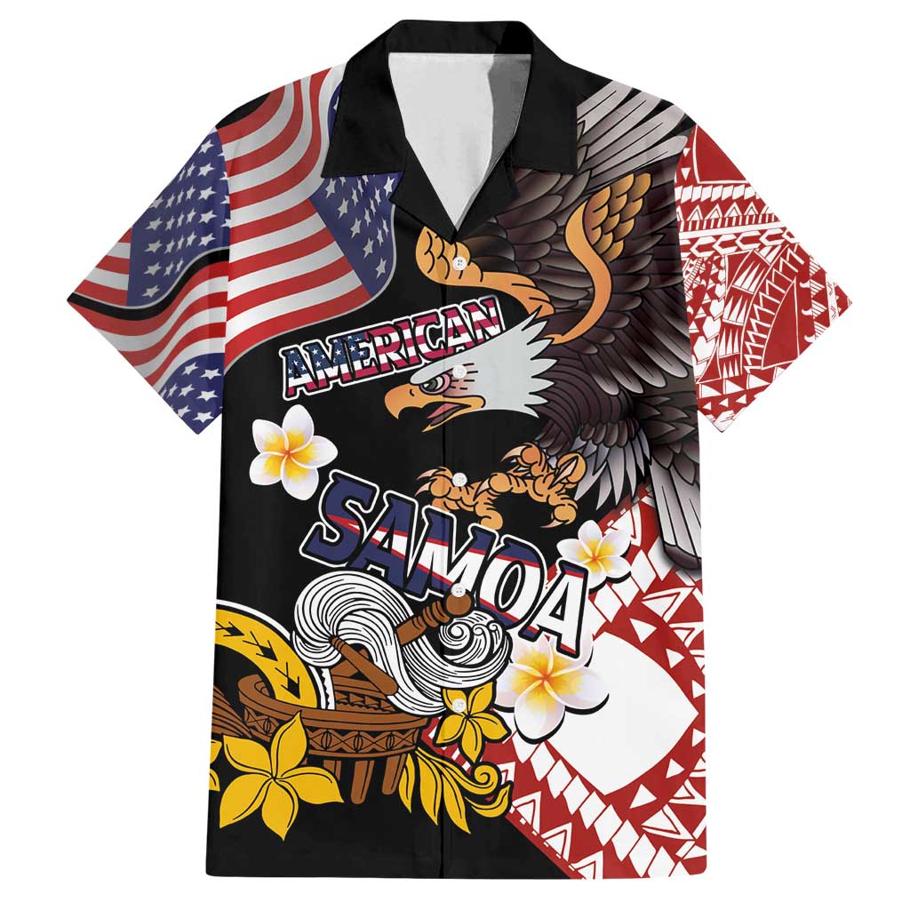 United States and American Samoa Together Family Matching Long Sleeve Bodycon Dress and Hawaiian Shirt Bald Eagle and Polynesian Traditional Culture with Plumeria