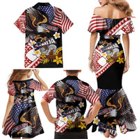 United States and American Samoa Together Family Matching Mermaid Dress and Hawaiian Shirt Bald Eagle and Polynesian Traditional Culture with Plumeria