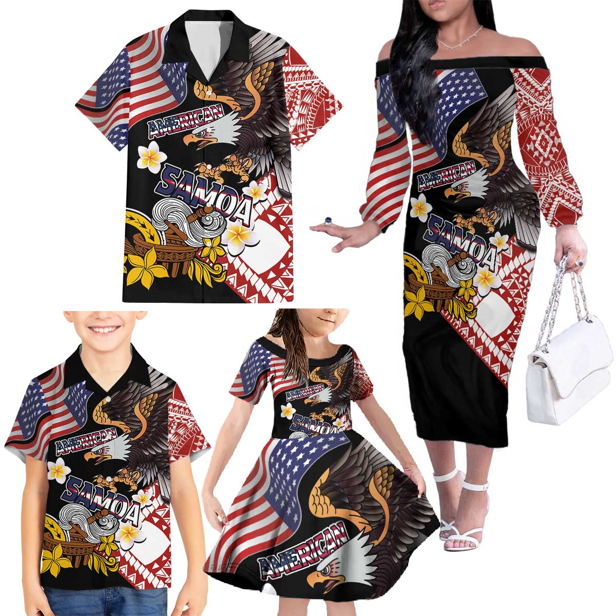 United States and American Samoa Together Family Matching Off The Shoulder Long Sleeve Dress and Hawaiian Shirt Bald Eagle and Polynesian Traditional Culture with Plumeria