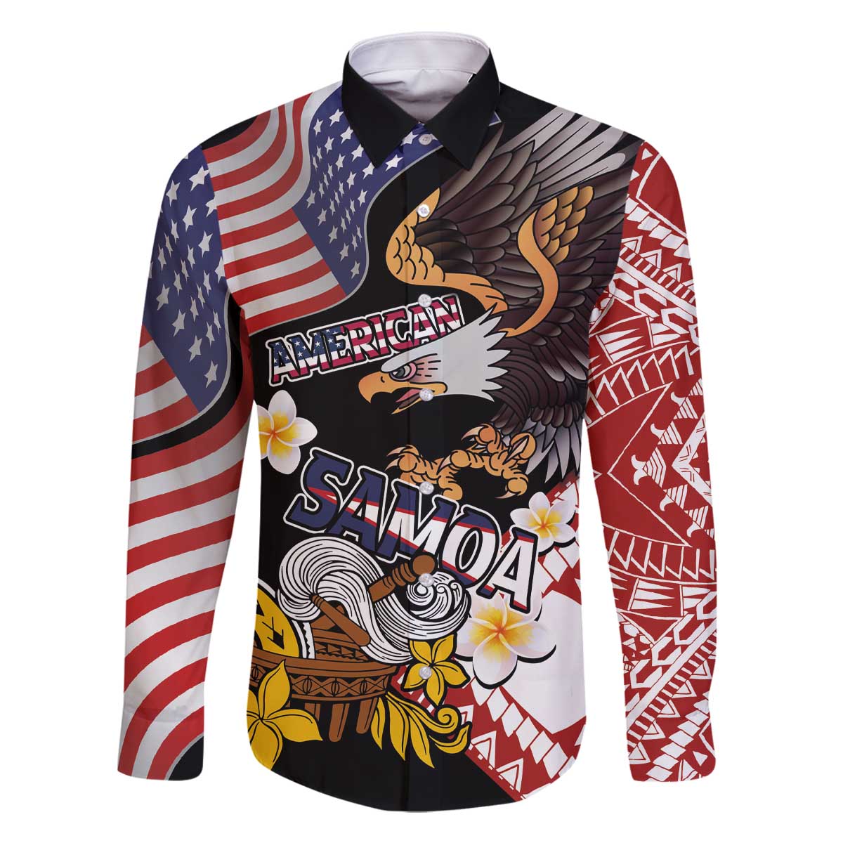 United States and American Samoa Together Family Matching Off The Shoulder Long Sleeve Dress and Hawaiian Shirt Bald Eagle and Polynesian Traditional Culture with Plumeria