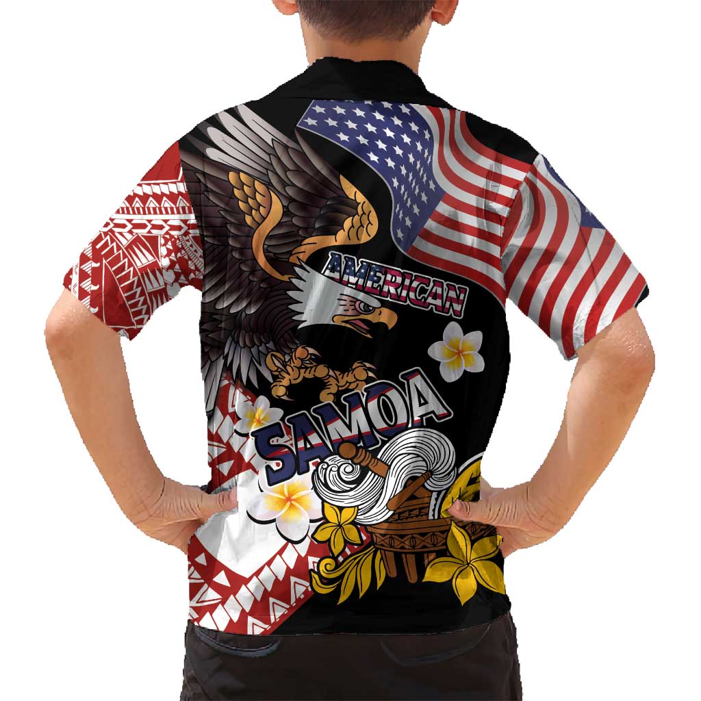 United States and American Samoa Together Family Matching Off Shoulder Maxi Dress and Hawaiian Shirt Bald Eagle and Polynesian Traditional Culture with Plumeria