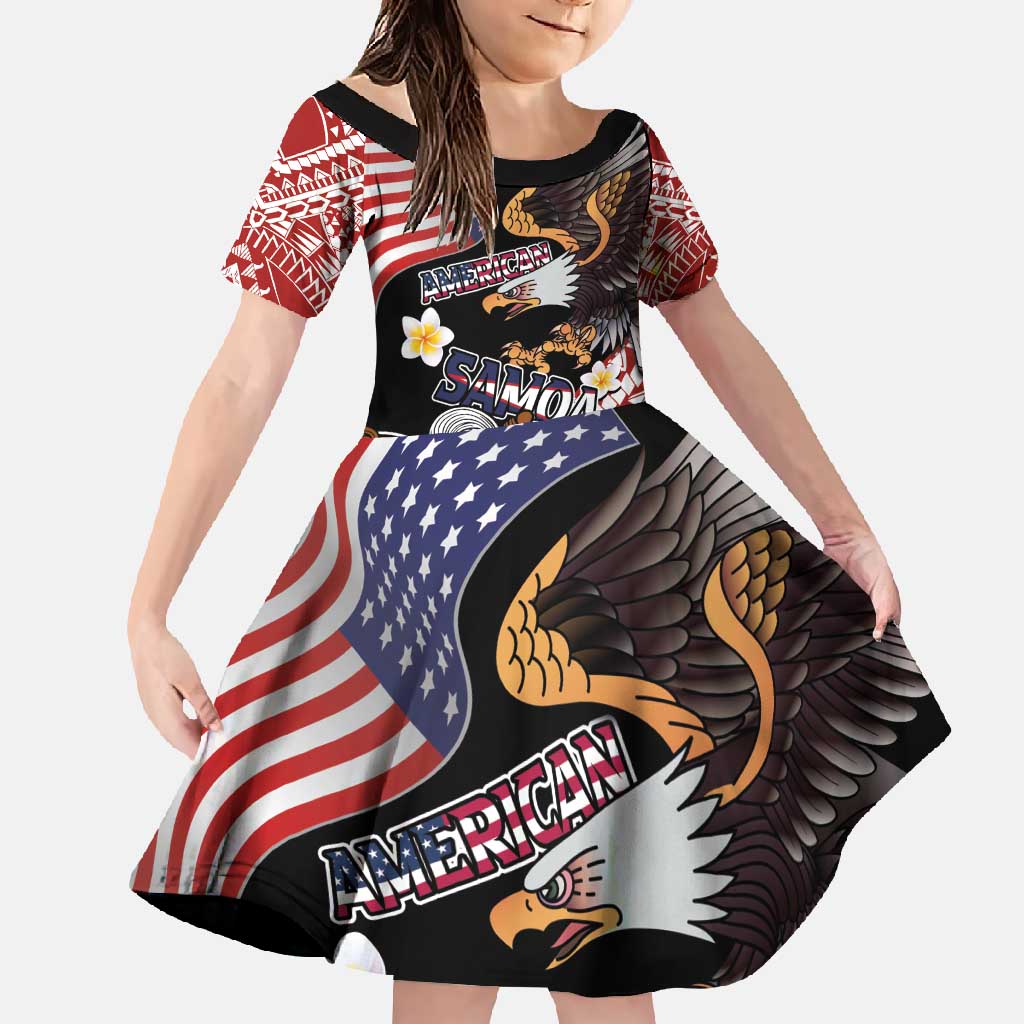 United States and American Samoa Together Family Matching Off Shoulder Maxi Dress and Hawaiian Shirt Bald Eagle and Polynesian Traditional Culture with Plumeria