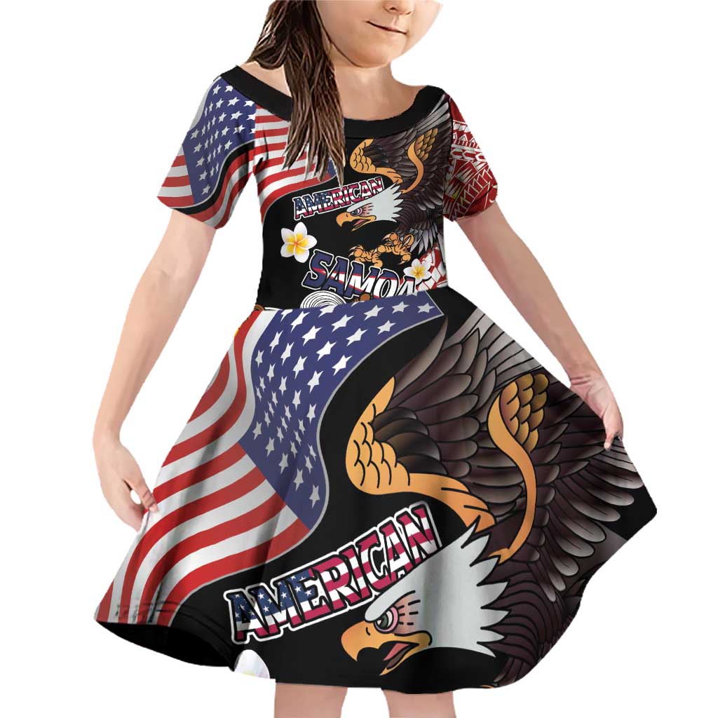 United States and American Samoa Together Family Matching Off Shoulder Short Dress and Hawaiian Shirt Bald Eagle and Polynesian Traditional Culture with Plumeria