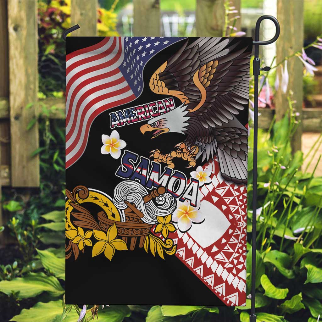 United States and American Samoa Together Garden Flag Bald Eagle and Polynesian Traditional Culture with Plumeria