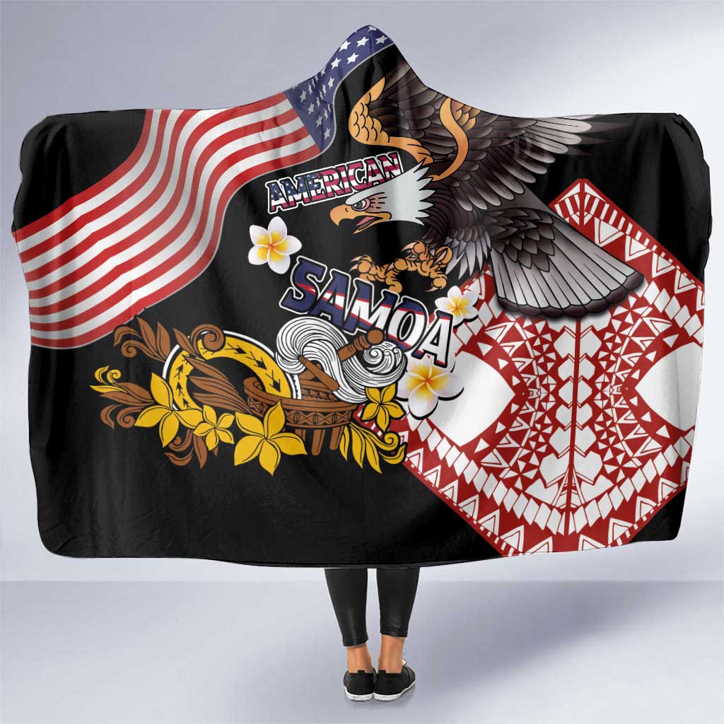 United States and American Samoa Together Hooded Blanket Bald Eagle and Polynesian Traditional Culture with Plumeria