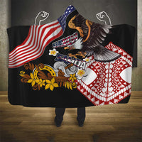 United States and American Samoa Together Hooded Blanket Bald Eagle and Polynesian Traditional Culture with Plumeria
