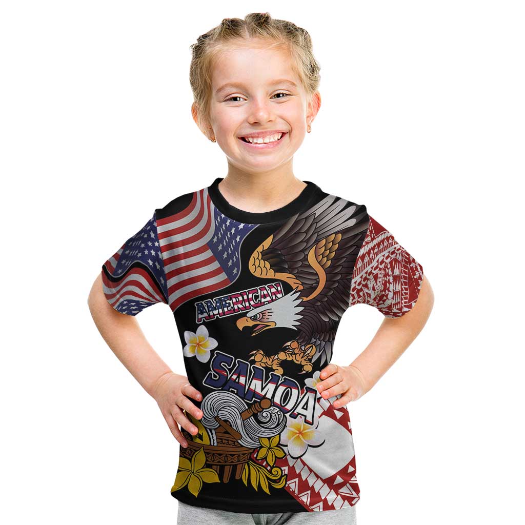 United States and American Samoa Together Kid T Shirt Bald Eagle and Polynesian Traditional Culture with Plumeria