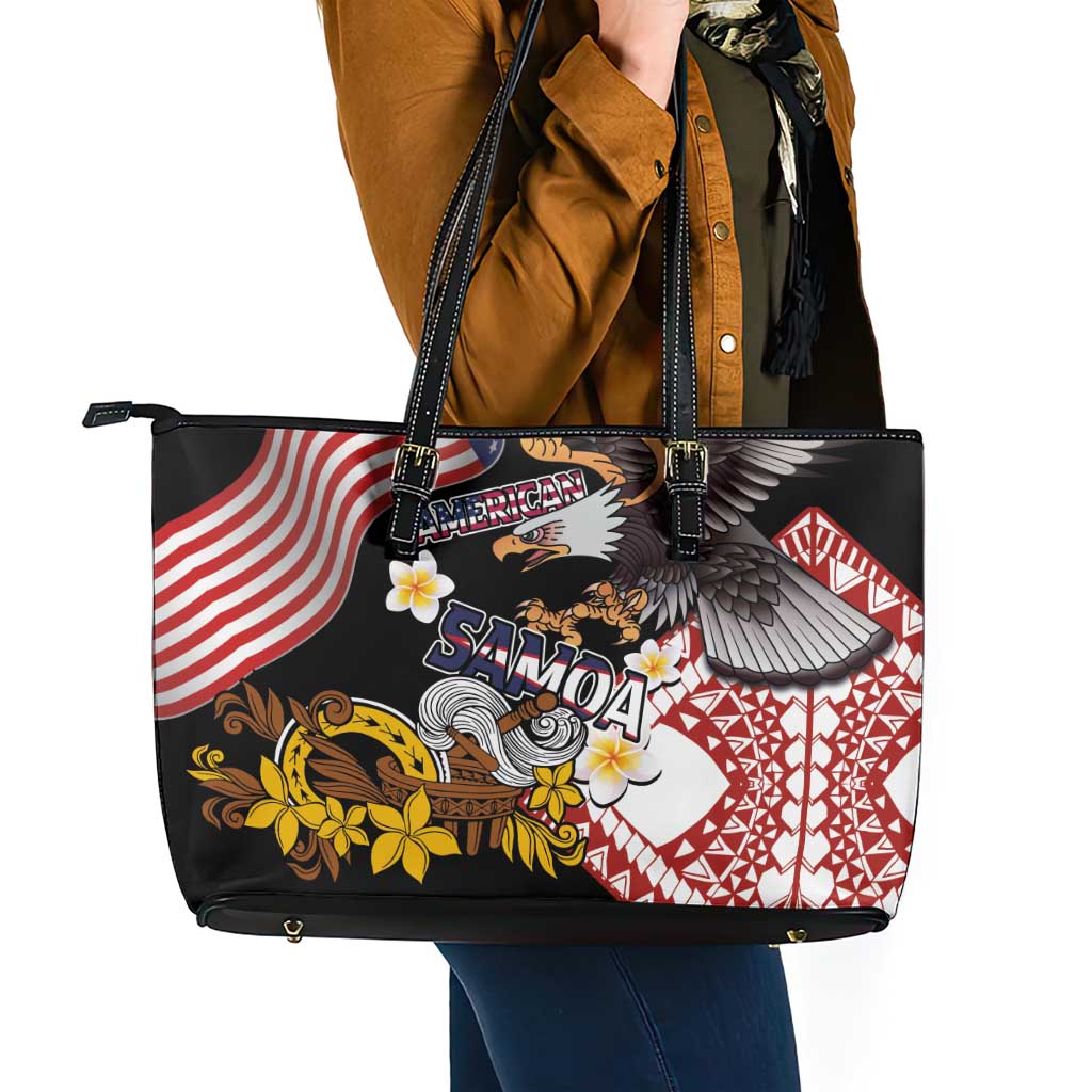 United States and American Samoa Together Leather Tote Bag Bald Eagle and Polynesian Traditional Culture with Plumeria