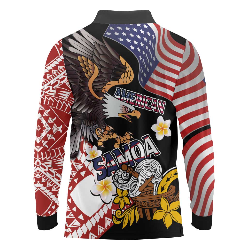 United States and American Samoa Together Long Sleeve Polo Shirt Bald Eagle and Polynesian Traditional Culture with Plumeria