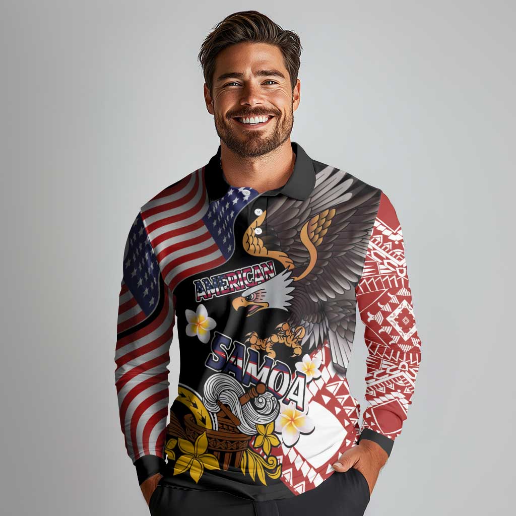 United States and American Samoa Together Long Sleeve Polo Shirt Bald Eagle and Polynesian Traditional Culture with Plumeria