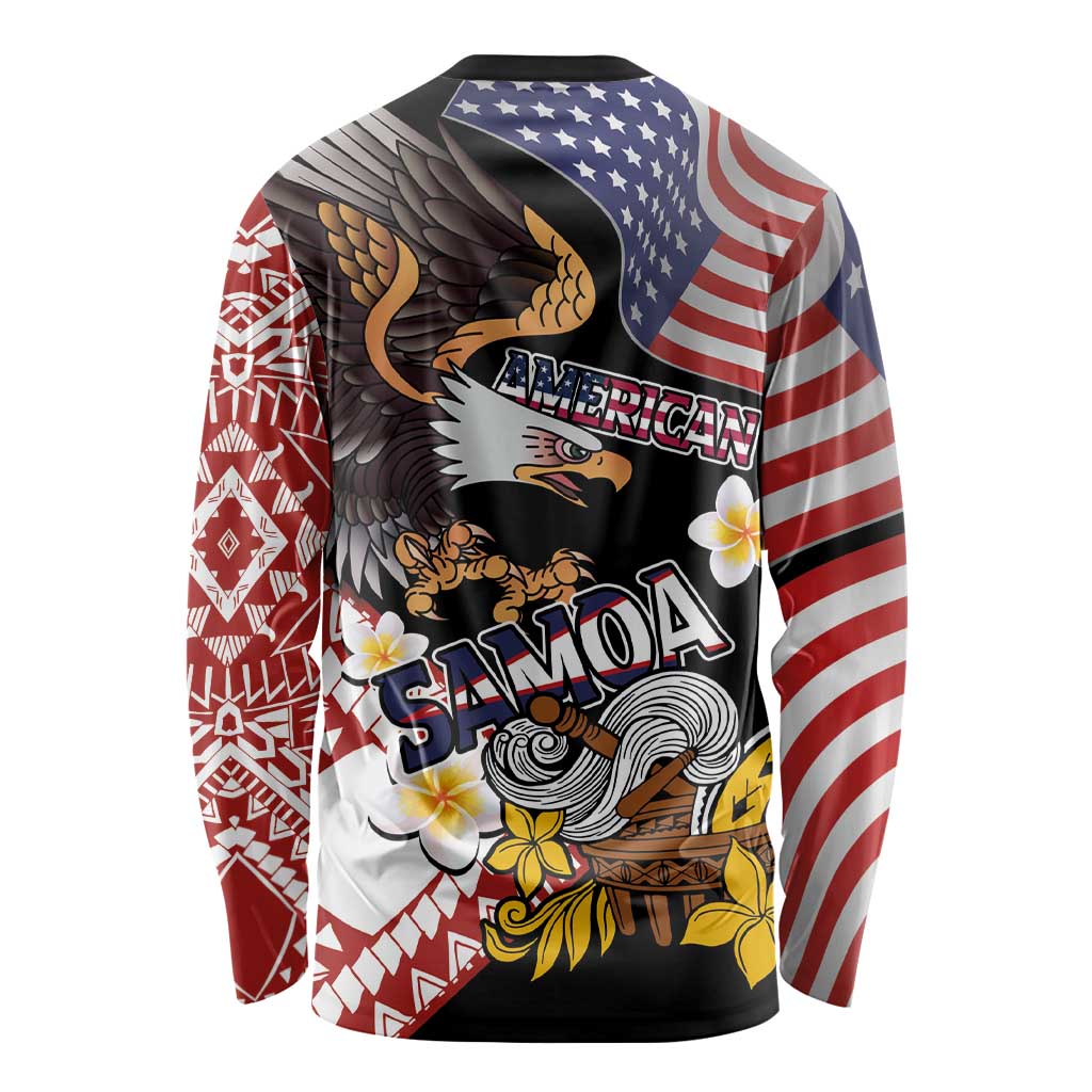 United States and American Samoa Together Long Sleeve Shirt Bald Eagle and Polynesian Traditional Culture with Plumeria