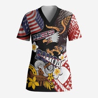 United States and American Samoa Together Scrub Top Bald Eagle and Polynesian Traditional Culture with Plumeria - Polynesian Pride