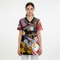 United States and American Samoa Together Scrub Top Bald Eagle and Polynesian Traditional Culture with Plumeria - Polynesian Pride
