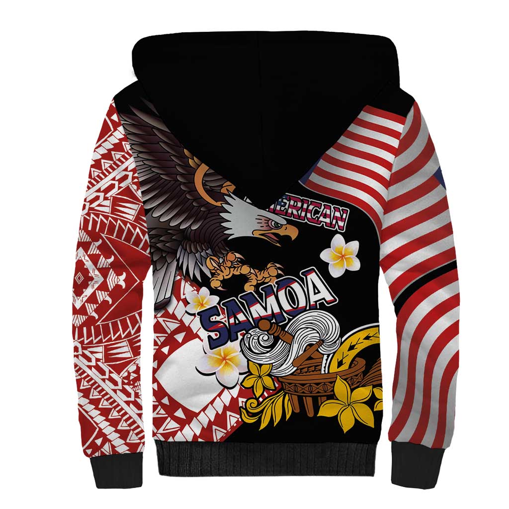 United States and American Samoa Together Sherpa Hoodie Bald Eagle and Polynesian Traditional Culture with Plumeria
