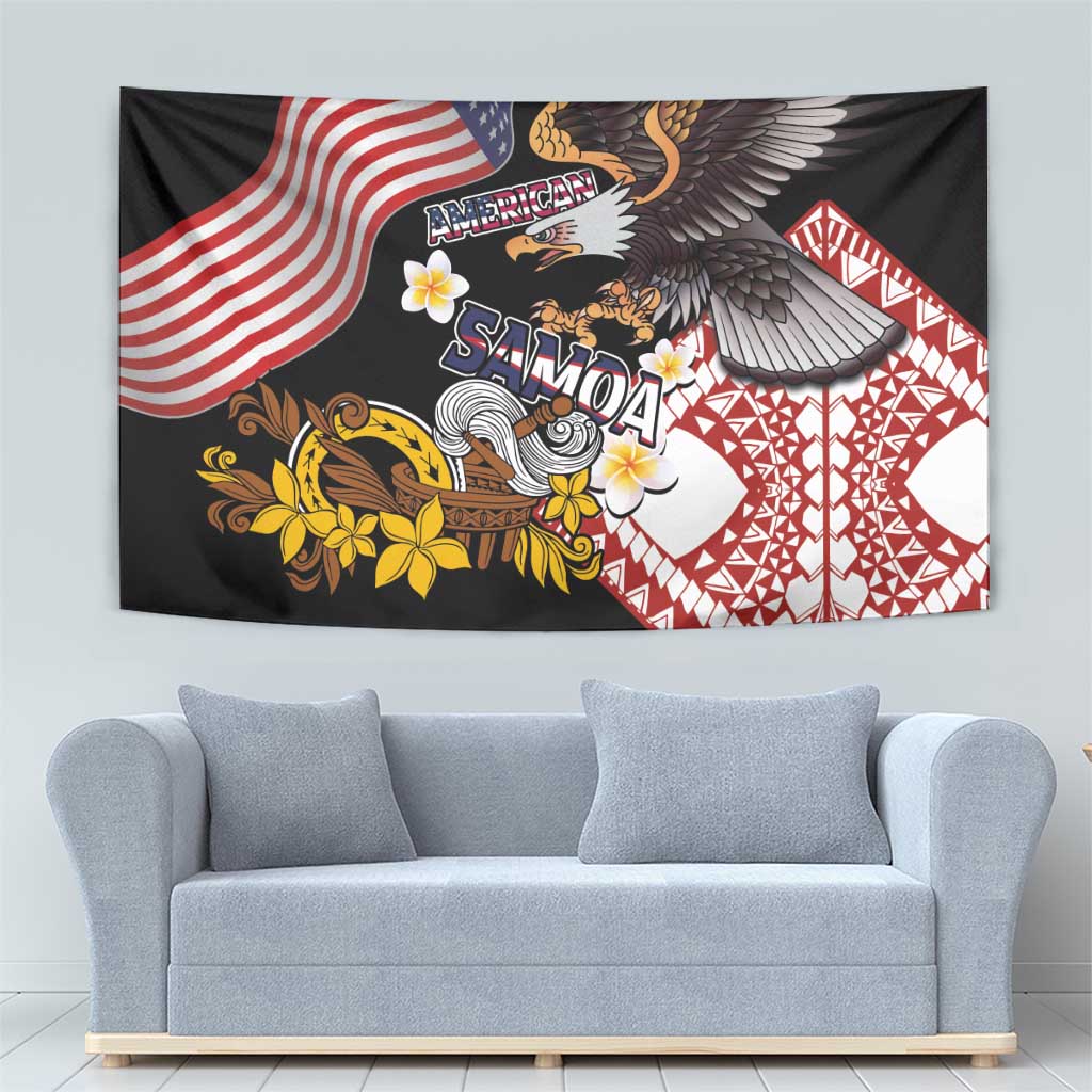 United States and American Samoa Together Tapestry Bald Eagle and Polynesian Traditional Culture with Plumeria