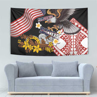 United States and American Samoa Together Tapestry Bald Eagle and Polynesian Traditional Culture with Plumeria