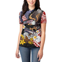United States and American Samoa Together Women Polo Shirt Bald Eagle and Polynesian Traditional Culture with Plumeria