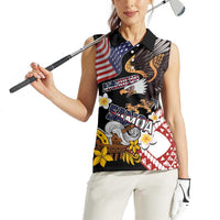 United States and American Samoa Together Women Sleeveless Polo Shirt Bald Eagle and Polynesian Traditional Culture with Plumeria