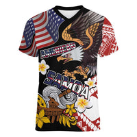 United States and American Samoa Together Women V-Neck T-Shirt Bald Eagle and Polynesian Traditional Culture with Plumeria