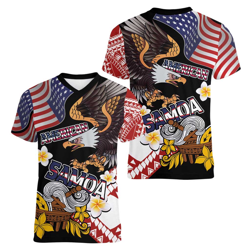 United States and American Samoa Together Women V-Neck T-Shirt Bald Eagle and Polynesian Traditional Culture with Plumeria