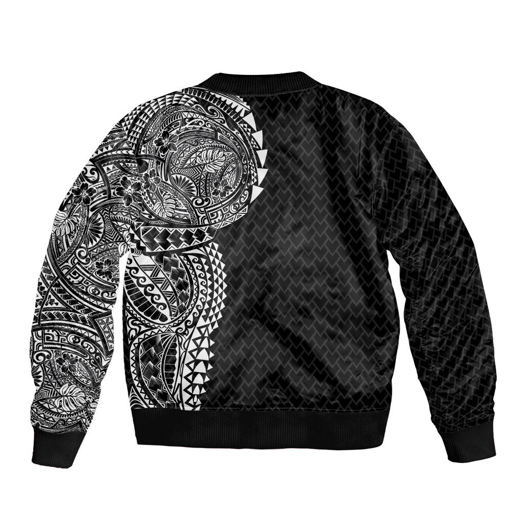Hawaiian Traditional Tattoos Bomber Jacket Kakau Tribal Tropical Plant Motif Black Color